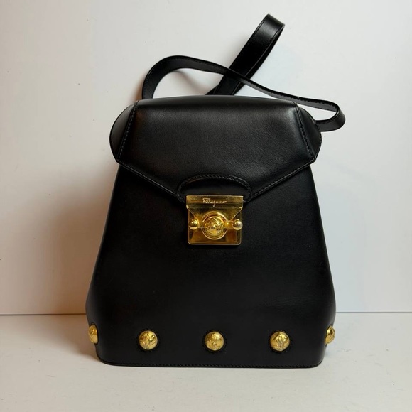 Salvatore Ferragamo Gancini Leather Backpack Gold-tone Hardware Studs Details